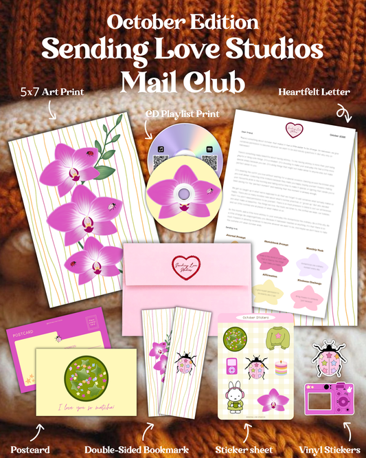A layout of everything that is included in the mail club. A pink orchid art print, a heartfelt letter, a matcha postcard, a double-sided bookmark with a ladybug on one side and an orchid on the other. a sticker sheet, a orchid CD playlist print,a digital camera sticker, and a ladybug sticker 