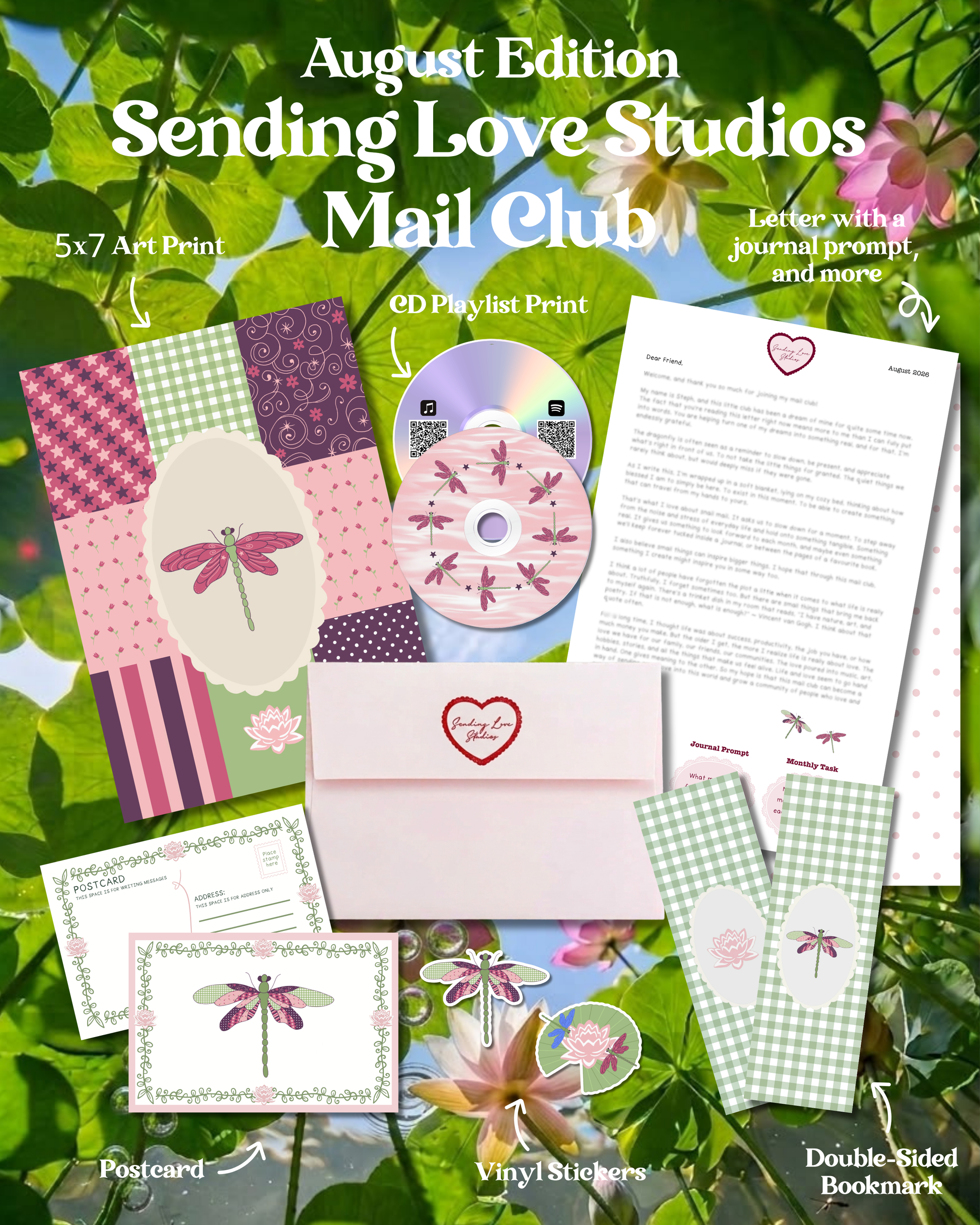 August edition of sending love studios. Dragonfly art print, letter, CD playlist print, postcard, stickers, a double sided bookmark, and a pink envelope with a red logo stamp