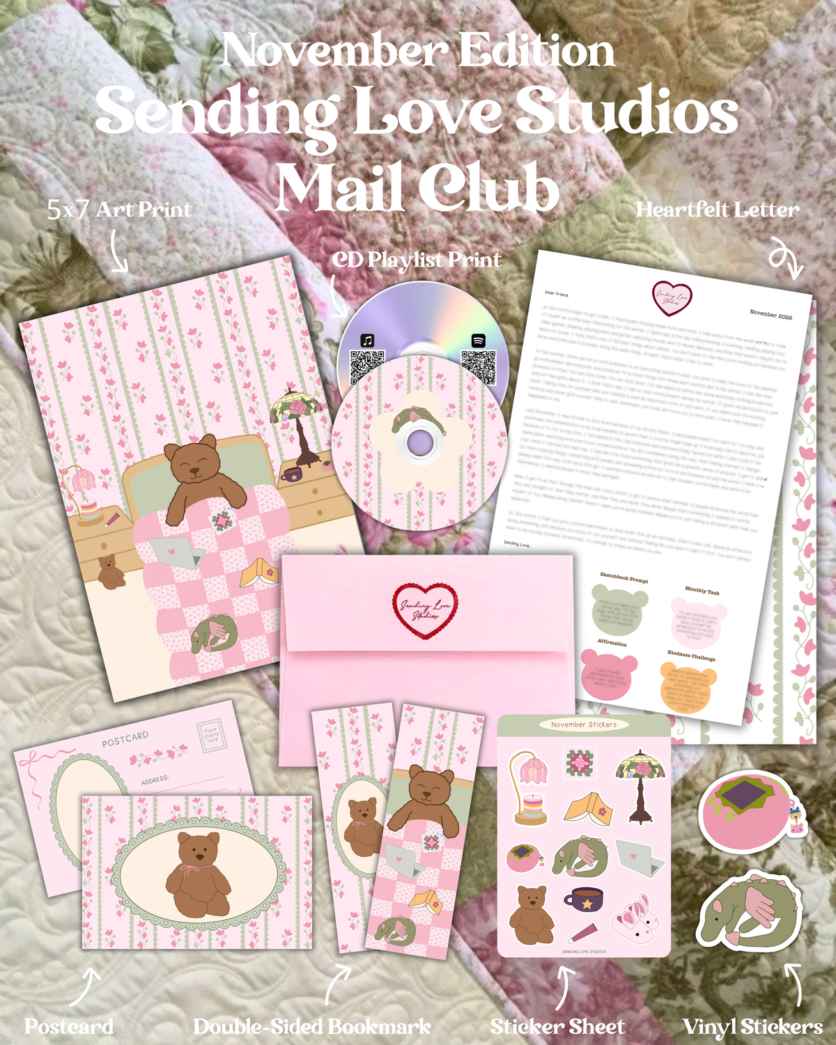 a layout of everything that is included in the November edition of the sending love studios mail club. An art print of a bear sitting in bed crocheting, a postcard of a teddy bear, a double-sided bookmark, a sticker sheet, 2 vinyl stickers, a CD playlist print, and a heartfelt letter