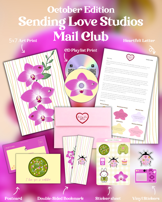 October Edition Sending Love Studios Mail Club stationery set featuring pink orchid art prints, a CD-style playlist print, letters, postcards, bookmarks, stickers, and vinyl stickers on a pink gradient background.