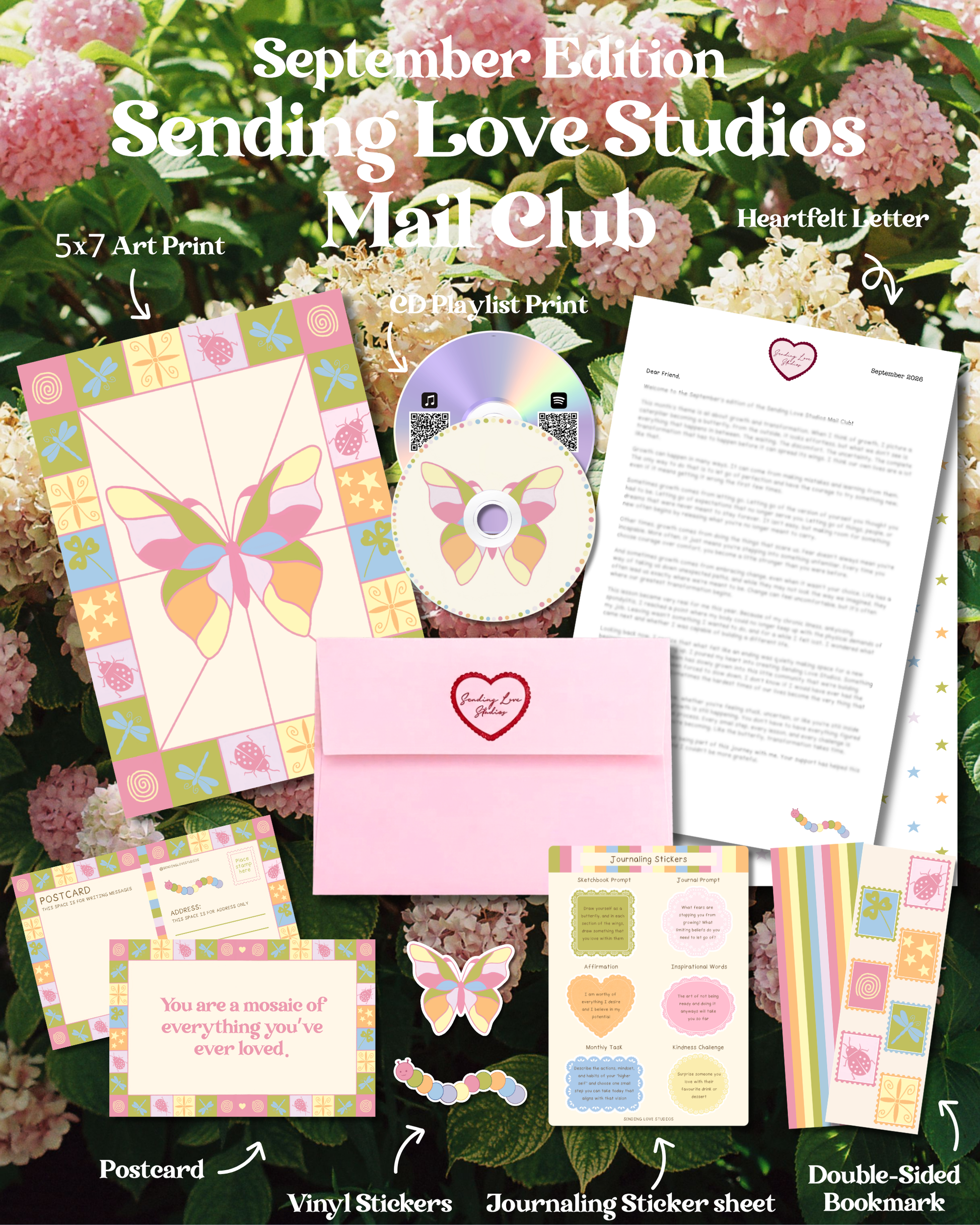 A collage-style product preview for a September Edition Mail Club stationery set by Sending Love Studios, showing art prints, a journaling sticker sheet, postcards, vinyl stickers, bookmarks, and a letter on a floral background with handwritten-style labels.