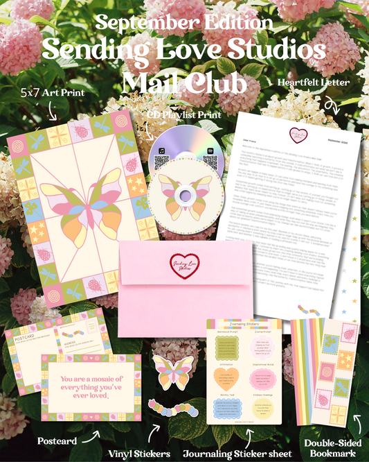 A collage-style product preview for a September Edition Mail Club stationery set by Sending Love Studios, showing art prints, a journaling sticker sheet, postcards, vinyl stickers, bookmarks, and a letter on a floral background with handwritten-style labels.